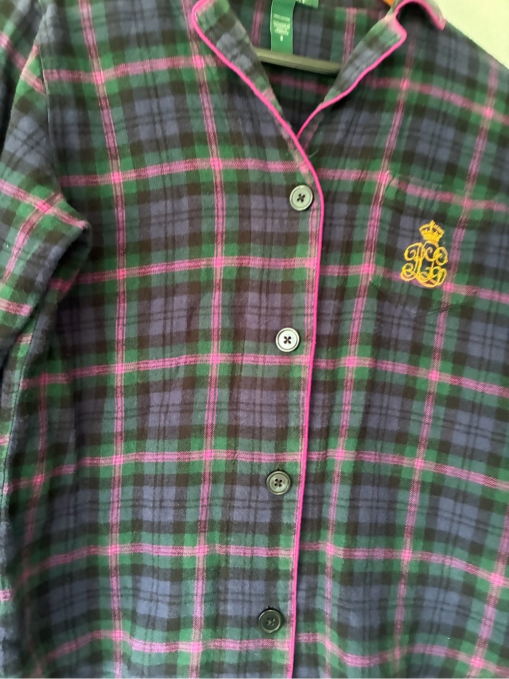 Ralph Lauren Womans Plaid Cotton Flannel Long Sleeve PJs size S Gold Monogram RL - Picture 7 of 13